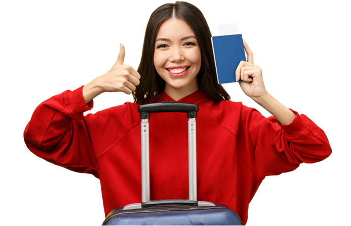Happy woman traveler with passport and luggage
